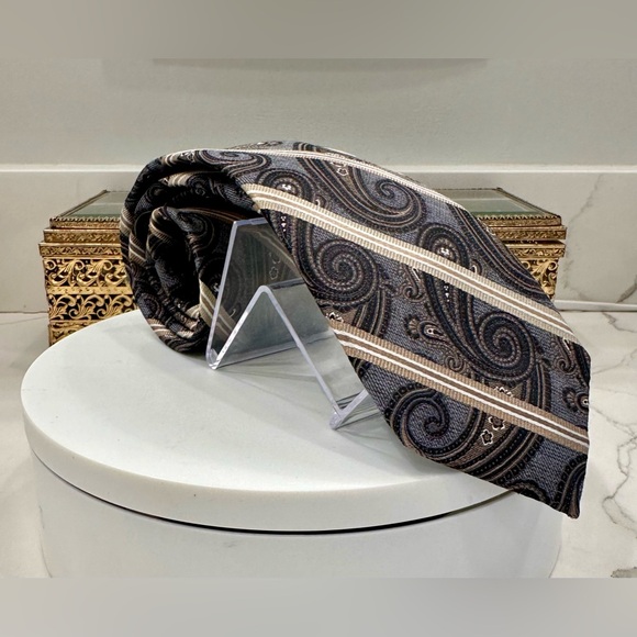 Pronto Uomo Platinum - Handmade Silk Tie - Paisley Overlaid with Stripes - EUC - Picture 8 of 14